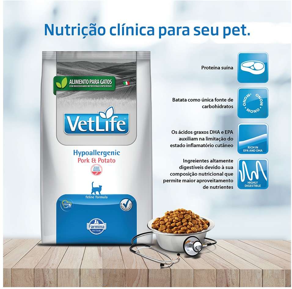 Ração Seca Farmina Vet Life Natural Hypoallergenic Pork e Potato para Gatos Adultos - 2Kg