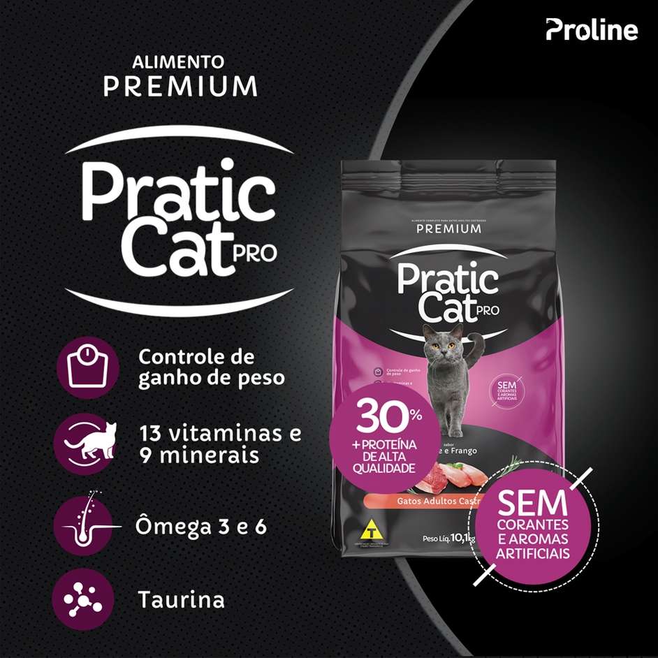 Ração Seca Pratic Cat Pro Carne e Frango para Gatos Adultos Castrados - 10,1Kg