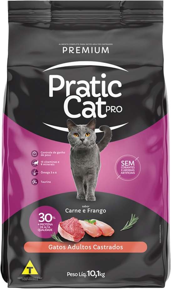 Ração Seca Pratic Cat Pro Carne e Frango para Gatos Adultos Castrados - 10,1Kg