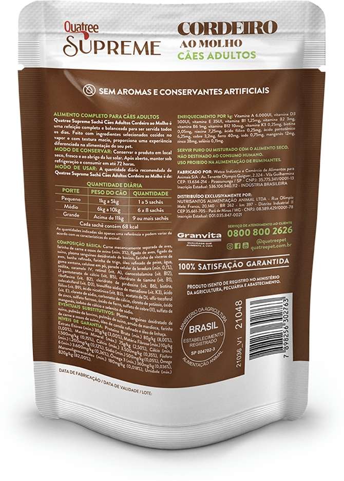 Ração Úmida Quatree Supreme Cordeiro para Cães Adultos - 100 g