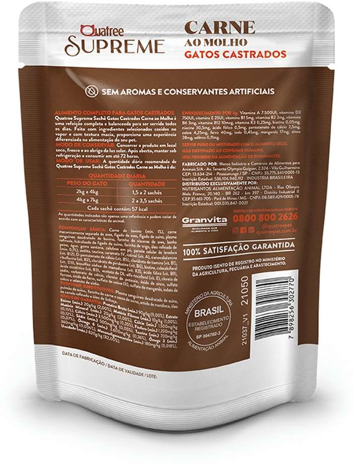 Ração Úmida Quatree Supreme Carne para Gatos Castrados - 85 g