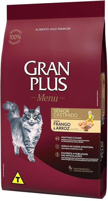 Ração GranPlus Menu Frango e Arroz para Gatos Castrados Sênior - 10,1Kg
