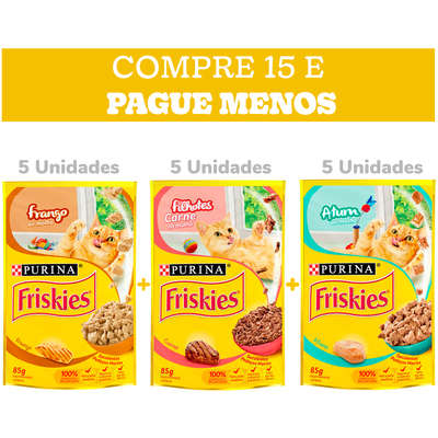 Kit Ração Úmida Nestle Purina Friskies Sachê Carne+Atum+Frango - 15 Unidades