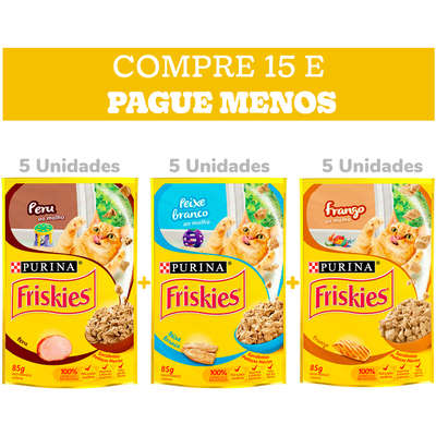 Kit Ração Úmida Nestlé Purina Friskies Sachê Peixe Branco+Peru+Frango - 15 Unidades