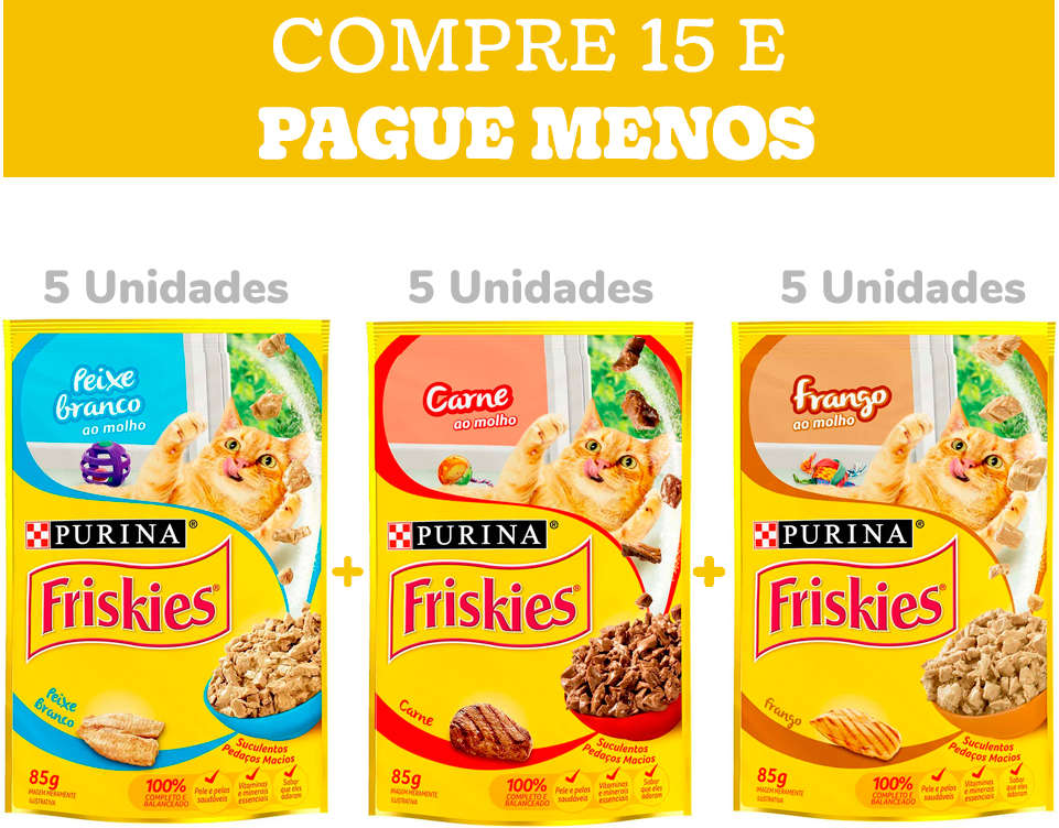 Kit Ração Úmida Nestlé Purina Friskies Sachê Peixe Branco+Carne+Frango - 15 Unidades