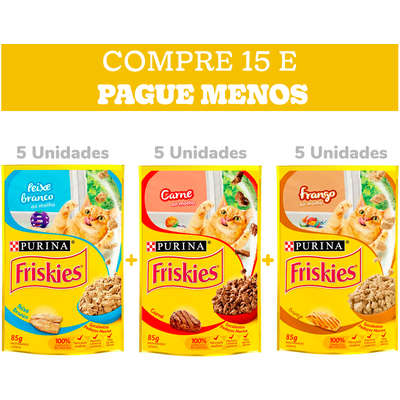 Kit Ração Úmida Nestlé Purina Friskies Sachê Peixe Branco+Carne+Frango - 15 Unidades