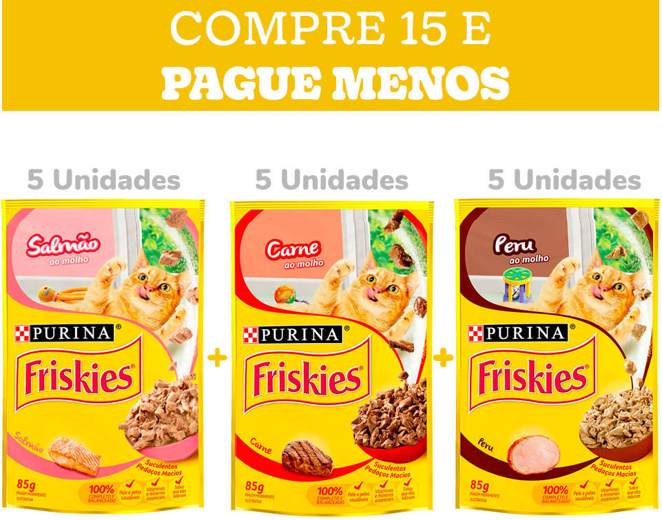 Kit Ração Úmida Nestlé Purina Friskies Sachê Carne+Salmão+Peru - 15 Unidades
