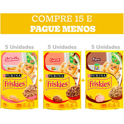 Kit Ração Úmida Nestlé Purina Friskies Sachê Carne+Salmão+Peru - 15 Unidades