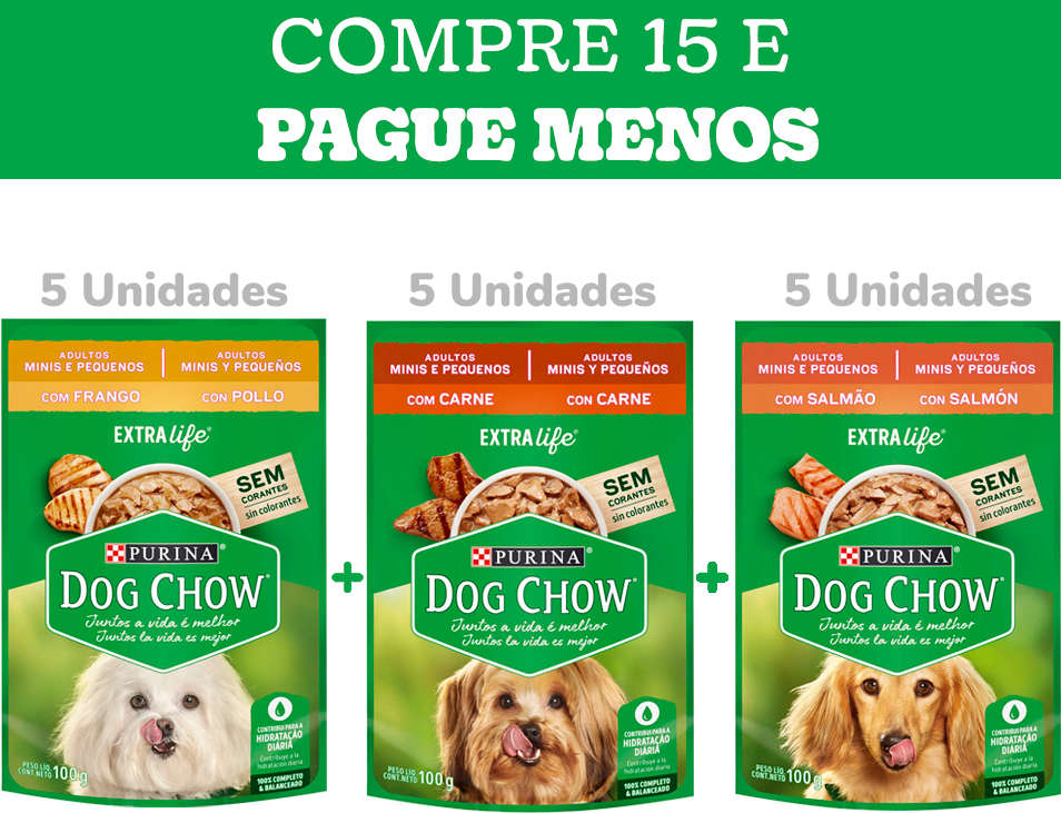 Kit Ração Úmida Nestlé Purina Dog Chow Sachê Carne+Frango+Salmão - 15 Unidades