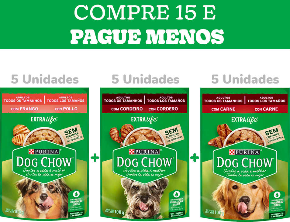 Kit Ração Úmida Nestlé Purina Dog Chow Sachê Cordeiro+Frango+Carne - 15 Unidades