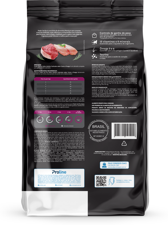 Ração Seca Pratic Cat Pro Carne e Frango para Gatos Adultos Castrados - 2Kg