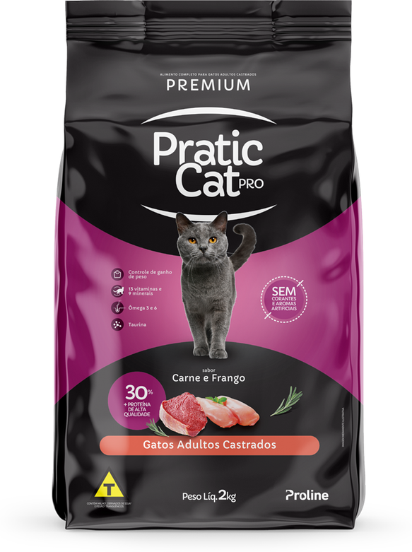 Ração Seca Pratic Cat Pro Carne e Frango para Gatos Adultos Castrados - 2Kg