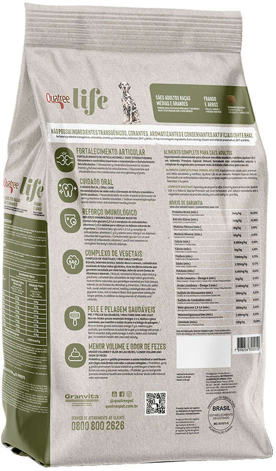 Ração Seca Quatree Life Frango e Arroz Cães Adultos Raças Médias e Grandes - 15Kg