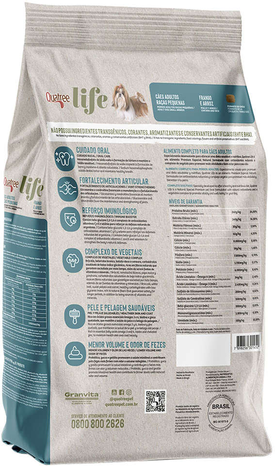Ração Seca Quatree Life Frango e Arroz Cães Adultos Raças Pequenas - 3Kg
