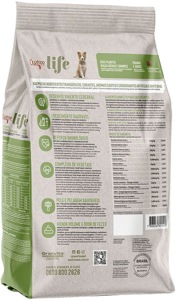 Ração Seca Quatree Life Frango e Arroz Cães Filhotes Raças Médias e Grandes - 20Kg