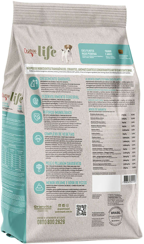 Ração Seca Quatree Life Frango e Arroz Cães Filhotes Raças Pequenas - 10,1Kg