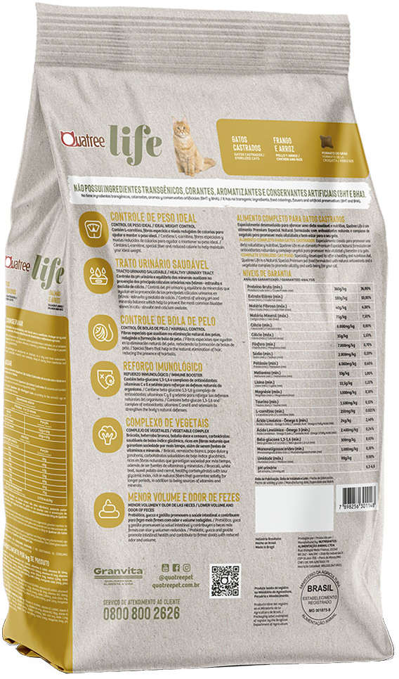 Ração Seca Quatree Life Frango e Arroz Gatos Castrados - 10,1Kg