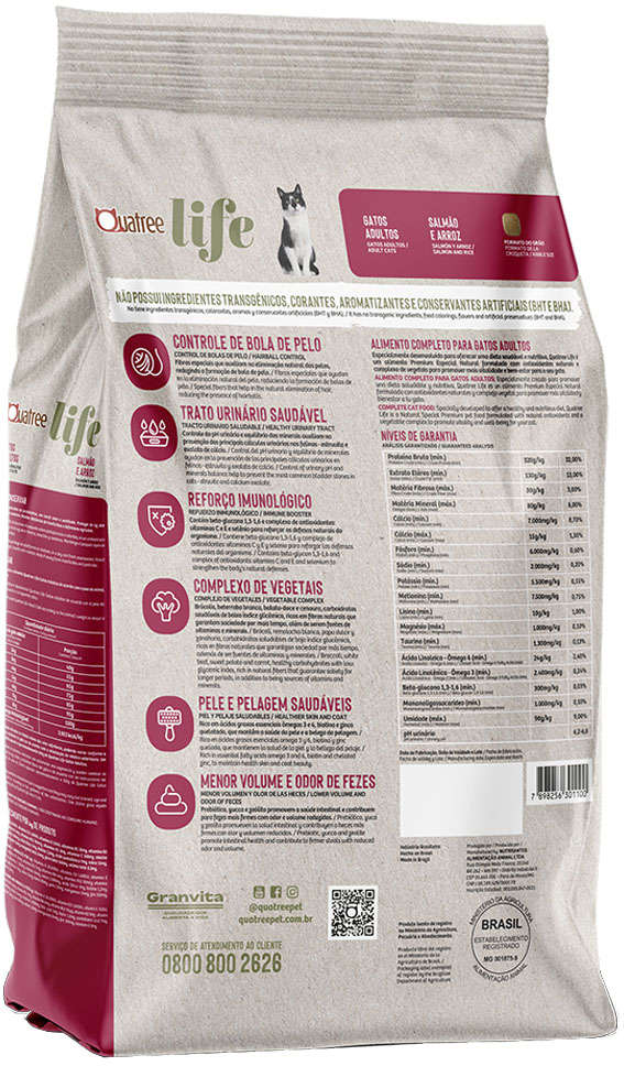Ração Seca Quatree Life Salmão e Arroz Gatos Adultos - 10,1Kg