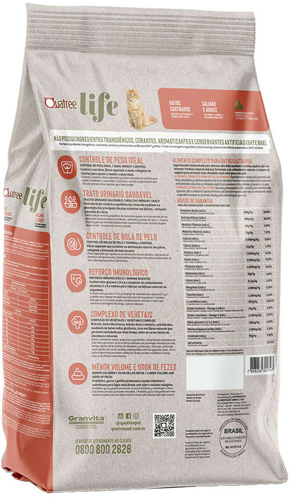 Ração Seca Quatree Life Salmão e Arroz Gatos Castrados - 10,1Kg