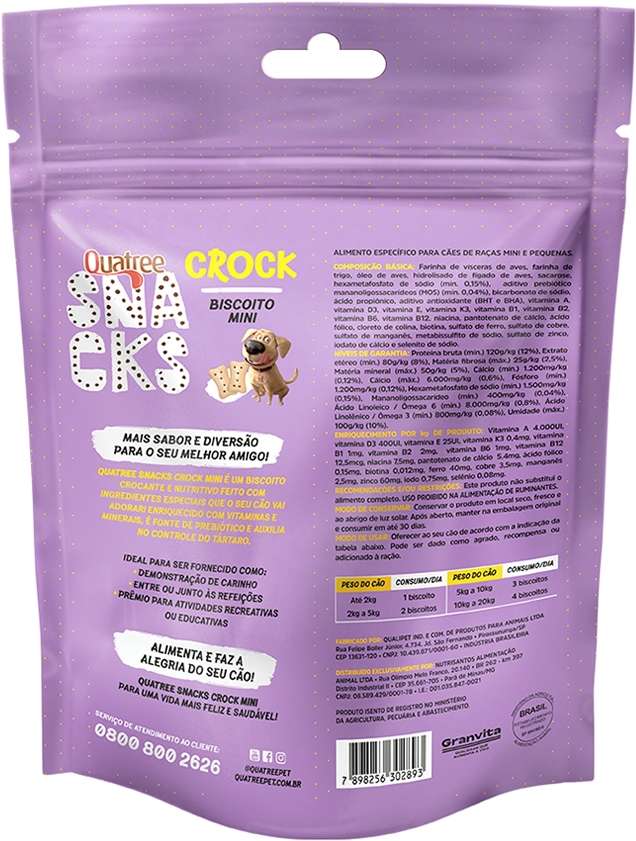 Kit Biscoito Quatree Snacks Crock Mini para Cães Adultos Porte Mini e Pequeno - 6 Unidades