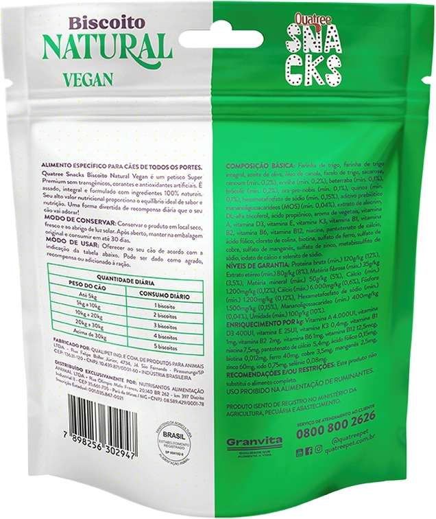 Biscoito Natural Quatree Snacks para Cães Adultos Sabor Vegan - 150g