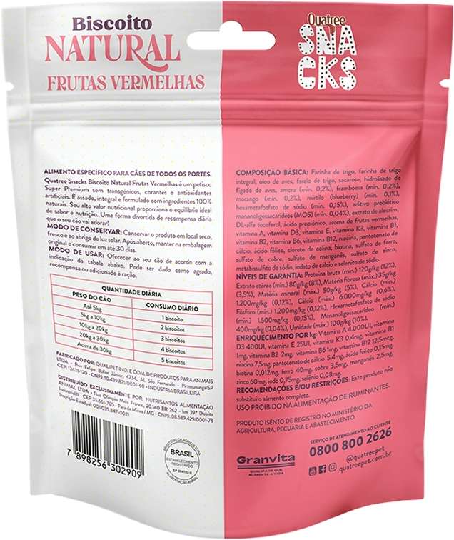 Biscoito Natural Quatree Snacks para Cães Adultos Sabor Frutas Vermelhas - 150g