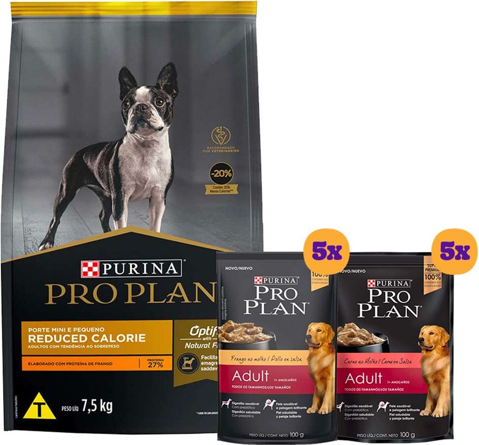 Kit Pro Plan Ração Seca Frango e Rações Úmidas com 5 Carne e 5 Frango Cães Adultos Porte Pequeno 10 Sachês + 7,5Kg - 10 Sachês + 7,5Kg