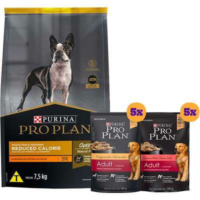 Kit Pro Plan Ração Seca Frango e Rações Úmidas com 5 Carne e 5 Frango Cães Adultos Porte Pequeno - 10 Sachês + 7,5 Kg