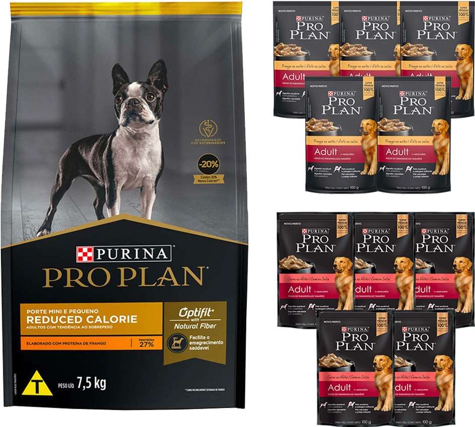 Kit Pro Plan Ração Seca Frango e Rações Úmidas com 5 Carne e 5 Frango Cães Adultos Porte Pequeno 10 Sachês + 7,5Kg - 10 Sachês + 7,5Kg