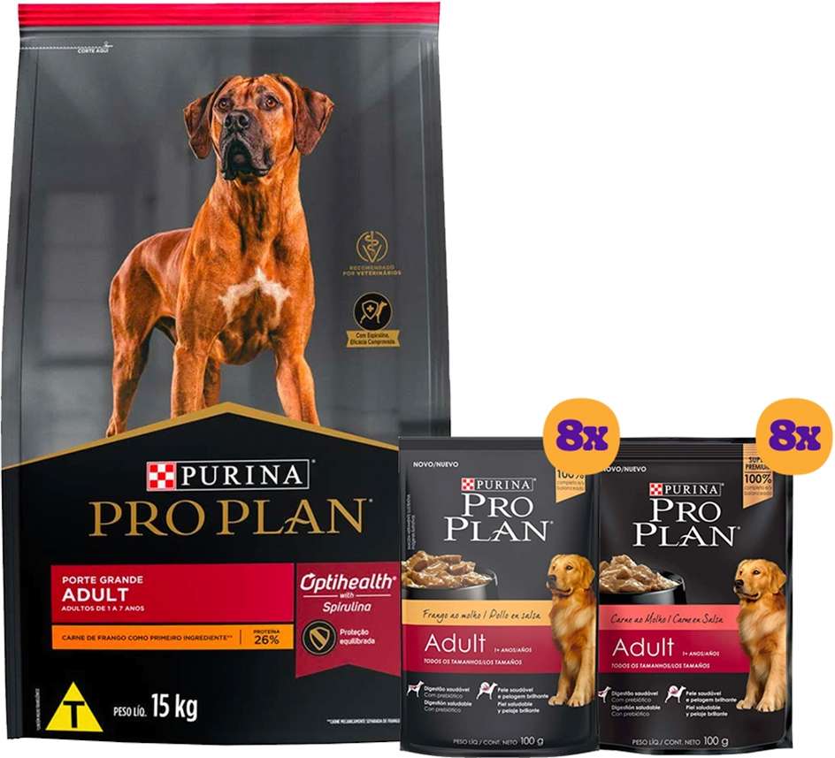 Kit Pro Plan Ração Seca Frango e Rações Úmidas com 8 Carne e 8 Frango Cães Adultos Porte Grande 16 Sachês + 15Kg - 16 Sachês + 15Kg