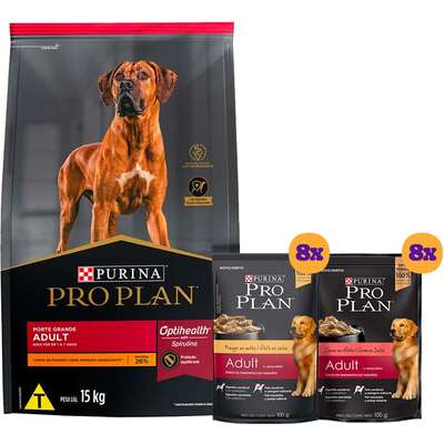 Kit Pro Plan Ração Seca Frango e Rações Úmidas com 8 Carne e 8 Frango Cães Adultos Porte Grande - 16 Sachês + 15 Kg