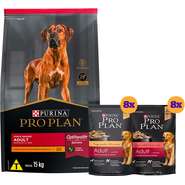 Kit Pro Plan Ração Seca Frango e Rações Úmidas com 8 Carne e 8 Frango Cães Adultos Porte Grande - 16 Sachês + 15Kg
