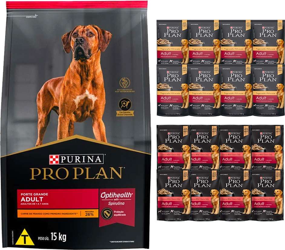 Kit Pro Plan Ração Seca Frango e Rações Úmidas com 8 Carne e 8 Frango Cães Adultos Porte Grande 16 Sachês + 15Kg - 16 Sachês + 15Kg