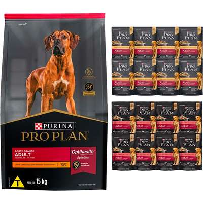 Kit Pro Plan Ração Seca Frango e Rações Úmidas com 8 Carne e 8 Frango Cães Adultos Porte Grande - 16 Sachês + 15 Kg