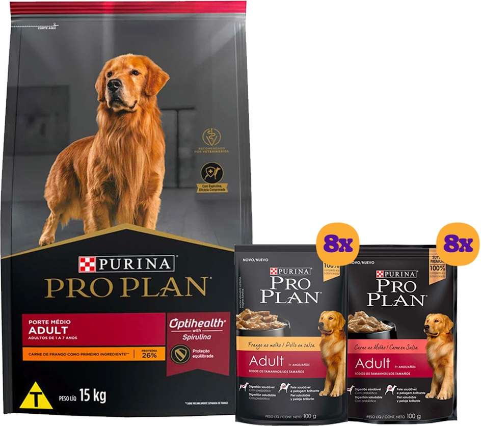 Kit Pro Plan Ração Seca Frango e Rações Úmidas com 8 Carne e 8 Frango Cães Adultos Porte Médio 16 Sachês + 15Kg - 16 Sachês + 15Kg