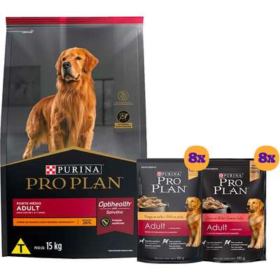 Kit Pro Plan Ração Seca Frango e Rações Úmidas com 8 Carne e 8 Frango Cães Adultos Porte Médio - 16 Sachês + 15 Kg