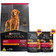 Kit Pro Plan Ração Seca Frango e Rações Úmidas com 8 Carne e 8 Frango Cães Adultos Porte Médio - 16 Sachês + 15Kg
