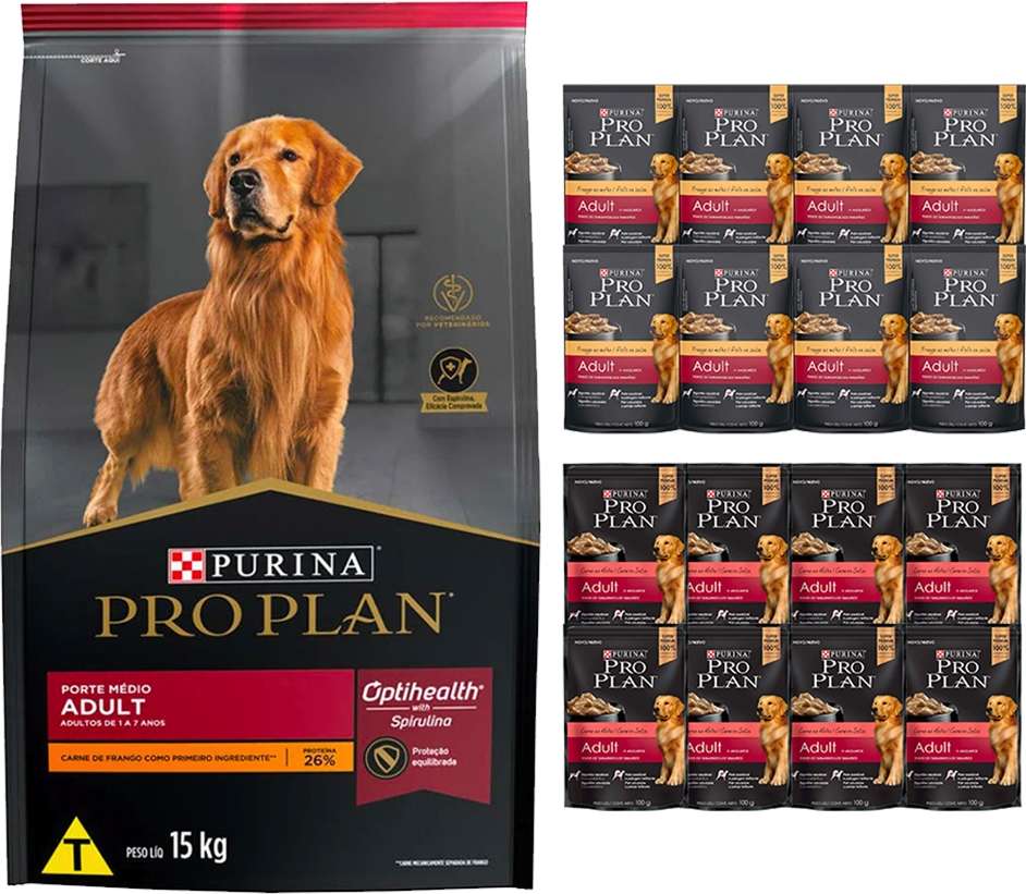 Kit Pro Plan Ração Seca Frango e Rações Úmidas com 8 Carne e 8 Frango Cães Adultos Porte Médio 16 Sachês + 15Kg - 16 Sachês + 15Kg