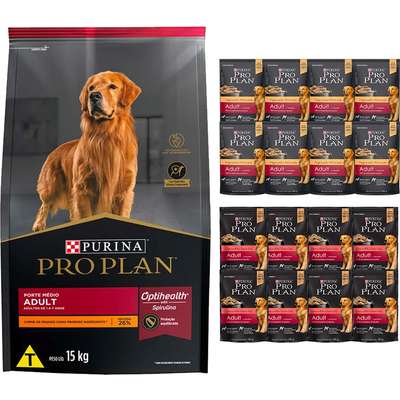 Kit Pro Plan Ração Seca Frango e Rações Úmidas com 8 Carne e 8 Frango Cães Adultos Porte Médio - 16 Sachês + 15 Kg