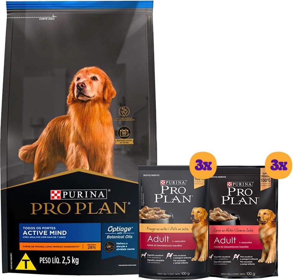 Kit Pro Plan Ração Seca Frango e Rações Úmidas com 3 Carne e 3 Frango Cães Adultos 6 Sachês + 2,5Kg - 6 Sachês + 2,5Kg