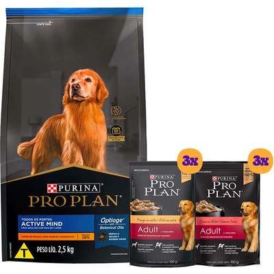 Kit Pro Plan Ração Seca Frango e Rações Úmidas com 3 Carne e 3 Frango Cães Adultos - 6 Sachês + 2,5 Kg