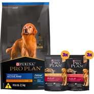 Kit Pro Plan Ração Seca Frango e Rações Úmidas com 3 Carne e 3 Frango Cães Adultos - 6 Sachês + 2,5Kg