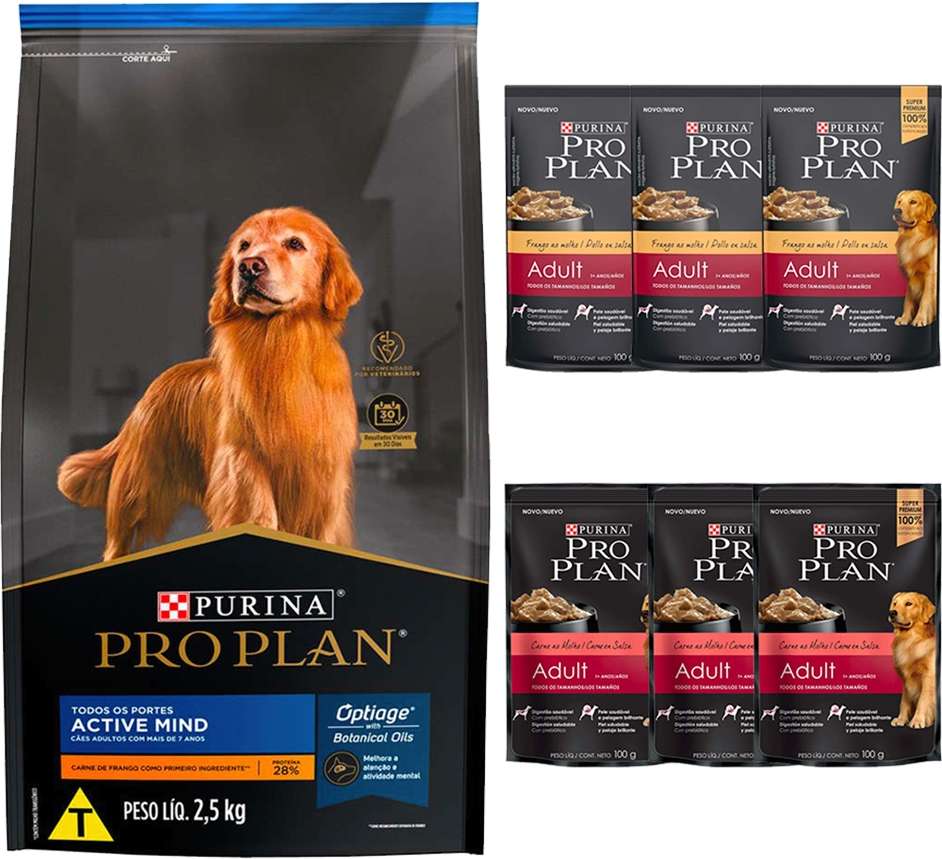 Kit Pro Plan Ração Seca Frango e Rações Úmidas com 3 Carne e 3 Frango Cães Adultos 6 Sachês + 2,5Kg - 6 Sachês + 2,5Kg