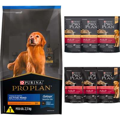 Kit Pro Plan Ração Seca Frango e Rações Úmidas com 3 Carne e 3 Frango Cães Adultos - 6 Sachês + 2,5 Kg