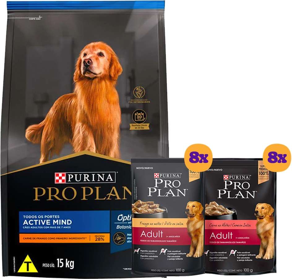 Kit Pro Plan Ração Seca Frango e Rações Úmidas com 8 Carne e 8 Frango Cães Adultos 16 Sachês + 15Kg - 16 Sachês + 15Kg