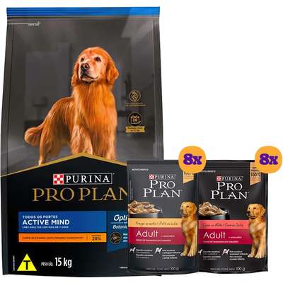 Kit Pro Plan Ração Seca Frango e Rações Úmidas com 8 Carne e 8 Frango Cães Adultos - 16 Sachês + 15 Kg