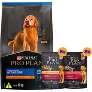 Kit Pro Plan Ração Seca Frango e Rações Úmidas com 8 Carne e 8 Frango Cães Adultos - 16 Sachês + 15Kg