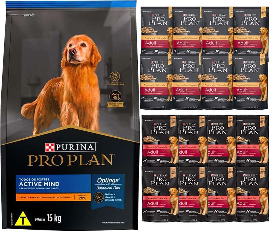 Kit Pro Plan Ração Seca Frango e Rações Úmidas com 8 Carne e 8 Frango Cães Adultos 16 Sachês + 15Kg - 16 Sachês + 15Kg