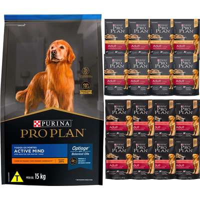 Kit Pro Plan Ração Seca Frango e Rações Úmidas com 8 Carne e 8 Frango Cães Adultos - 16 Sachês + 15 Kg