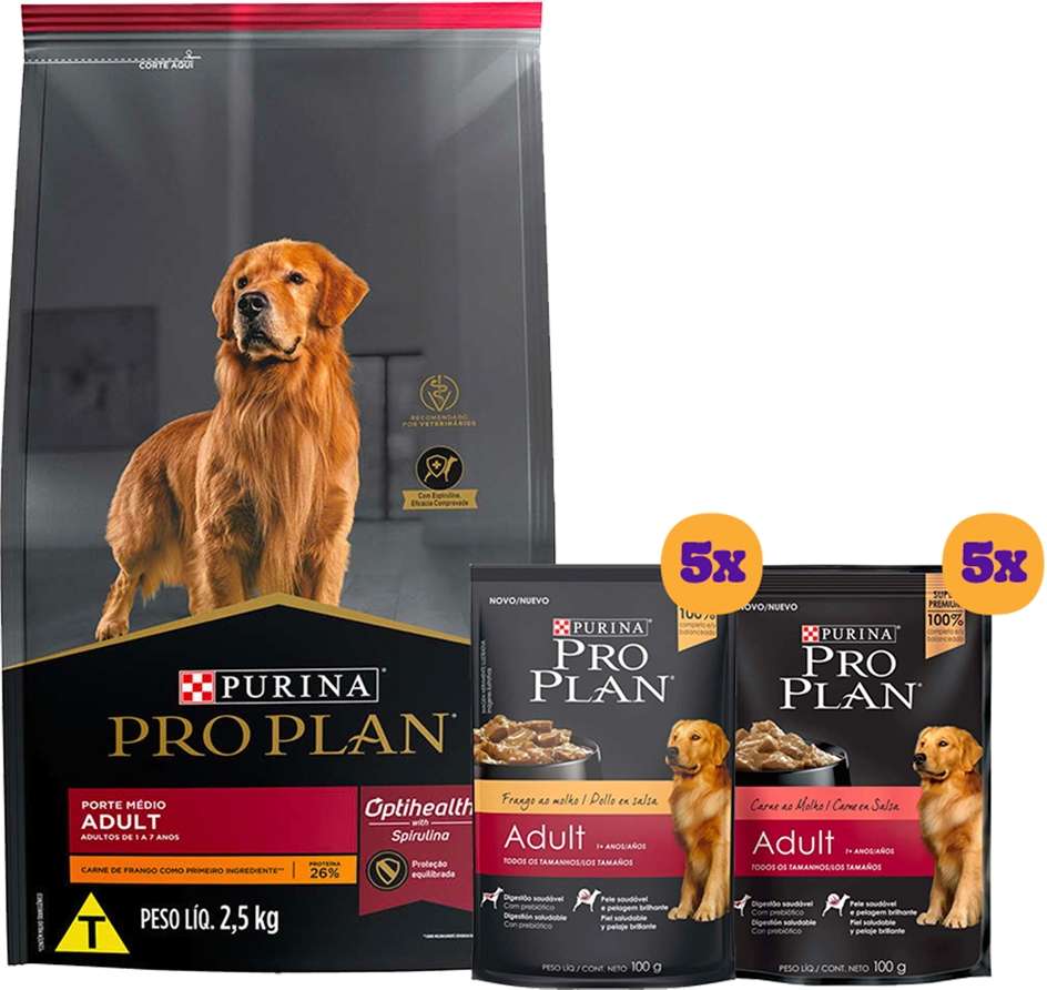 Kit Pro Plan Ração Seca Frango e Rações Úmidas com 5 Carne e 5 Frango Cães Adultos Porte Médio 10 Sachês + 2,5Kg - 10 Sachês + 2,5Kg